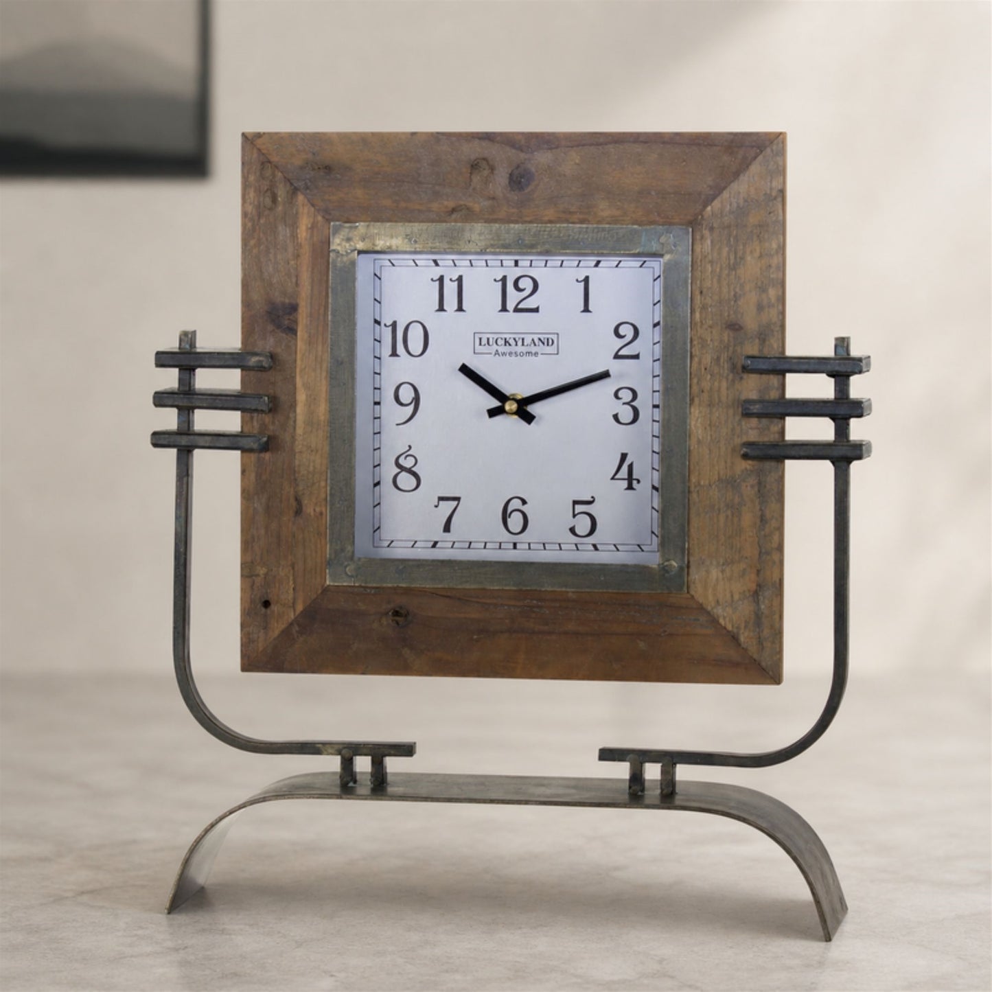 Wood Square Clock on Rustic Metal Stand 17.5"H alternate view 3