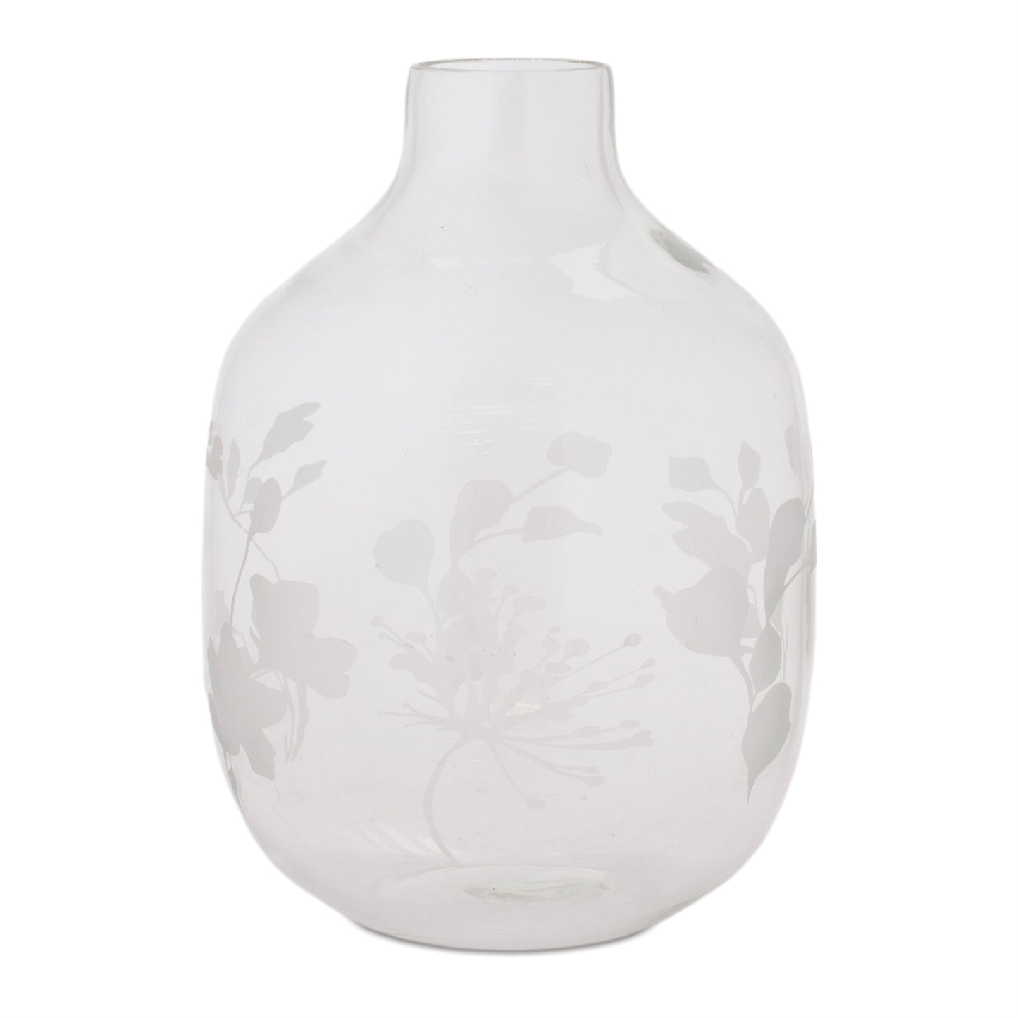 White Frosted Glass Vase with Floral Etching