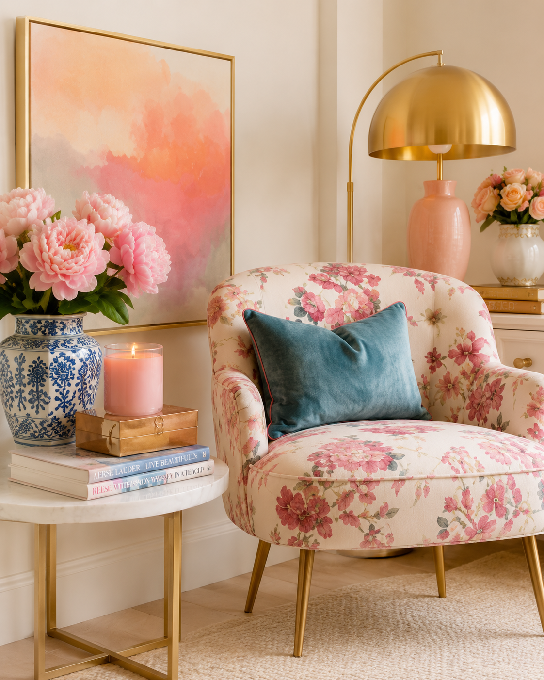 Floral accent chair representing furniture offered by Vine Street Mercantile