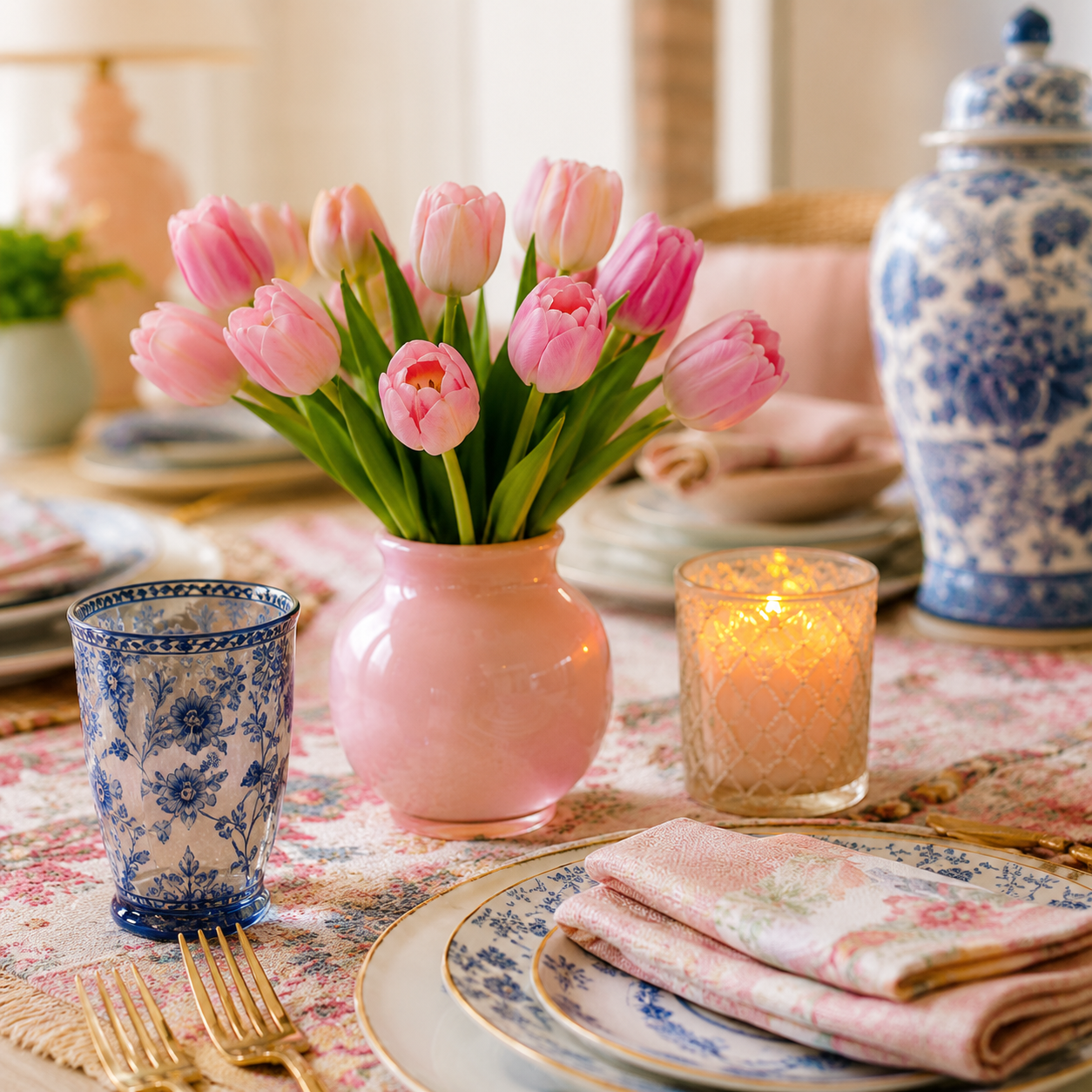 Curated tabletop decor, flowers, ceramics, and home accessories
