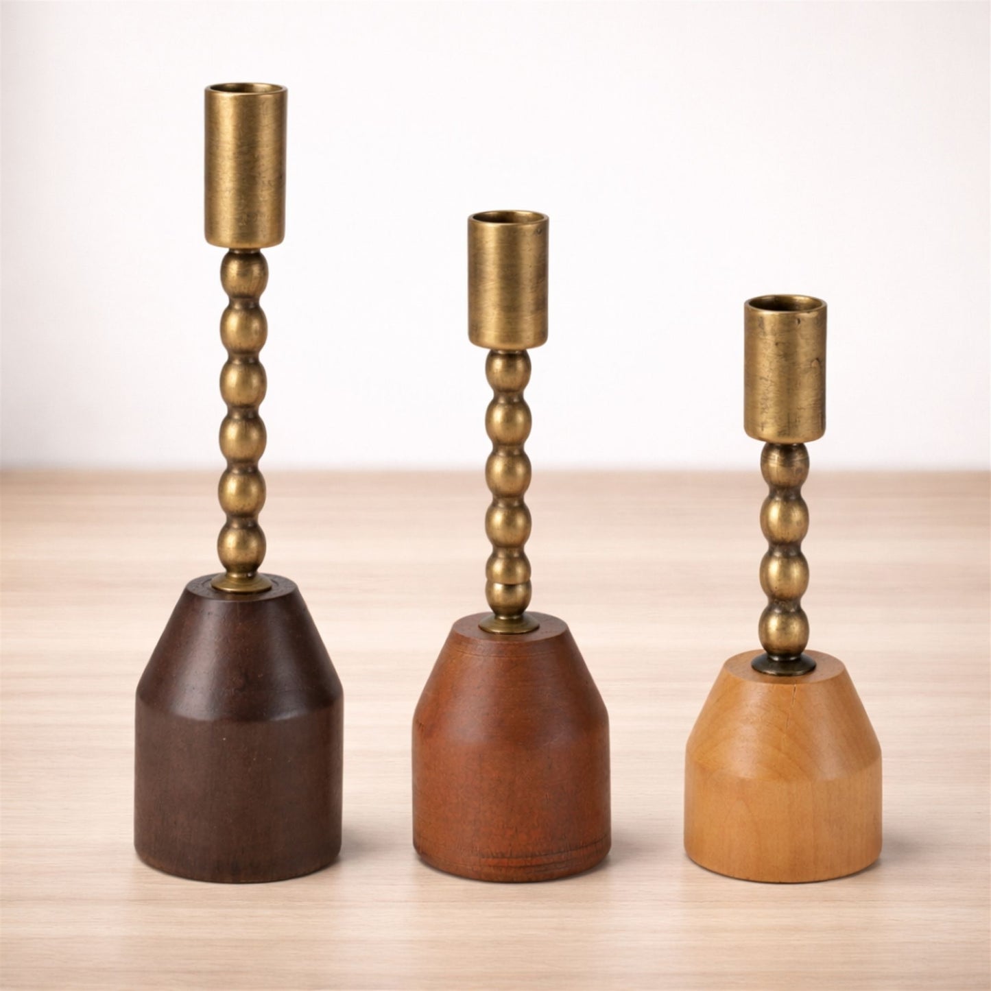 Modern Metal Taper Candle Holder with Birch Base (Set of 3) alternate view 2