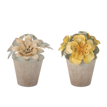 Sculpted Metal Flower Pot Taper Candle Holder (Set of 2)