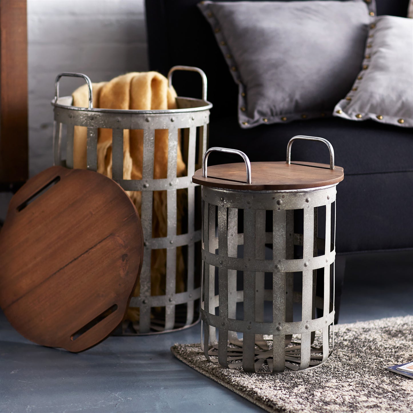 Metal and Wood Side Basket Tables (Set of 2) alternate view 3