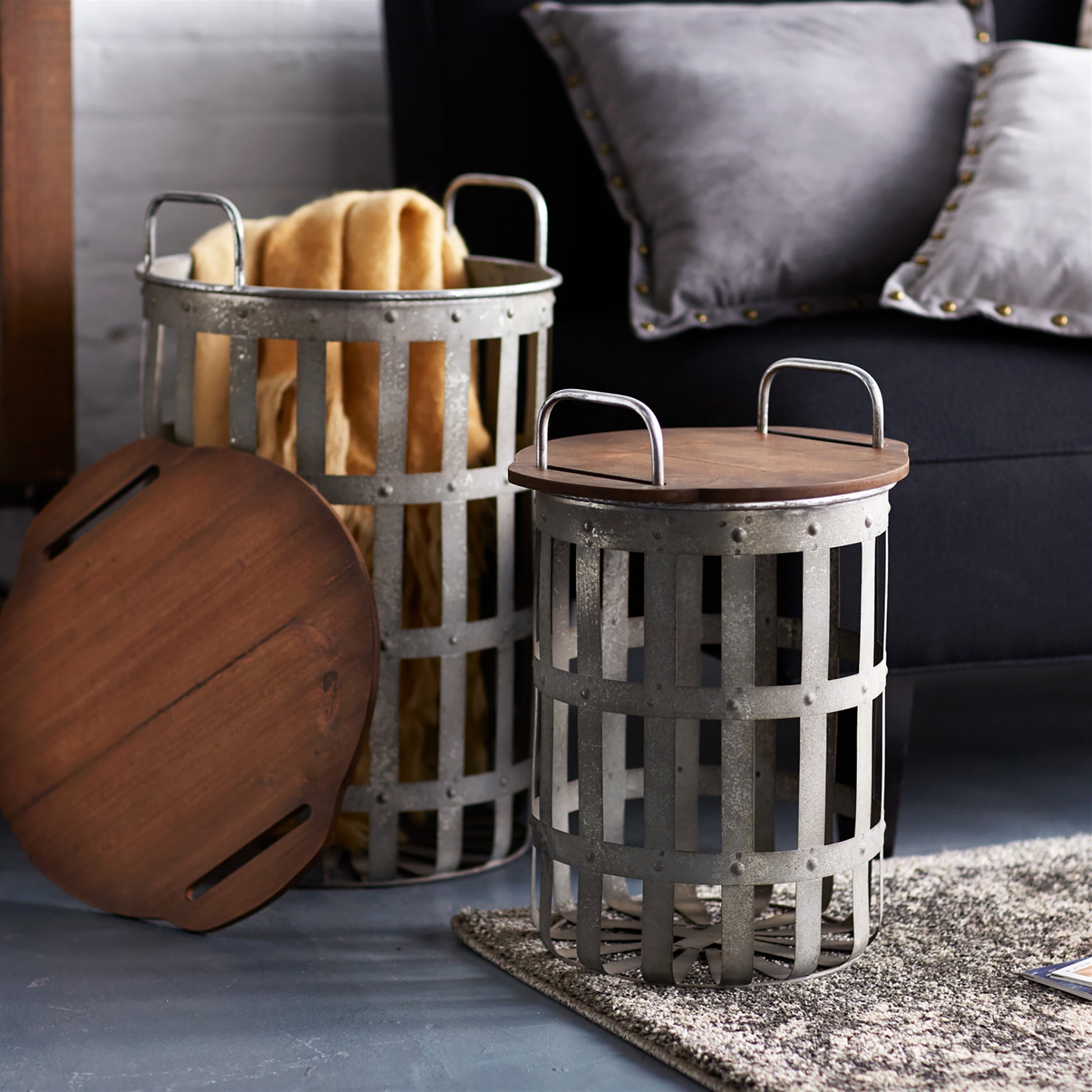 Metal and Wood Side Basket Tables (Set of 2) alternate view 3