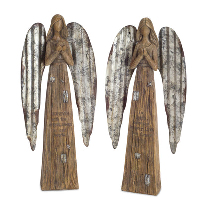 Rustic Wood Sentiment Angel with Galvanized Metal Wings (Set of 2)