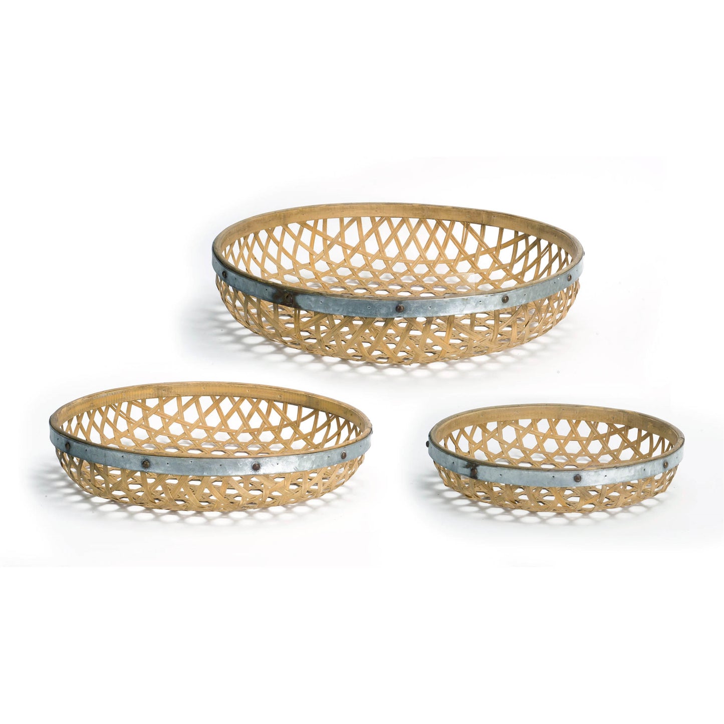 Round Woven Bamboo Tray with Galvanized Metal Accent (Set of 3)