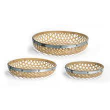 Round Woven Bamboo Tray with Galvanized Metal Accent (Set of 3)