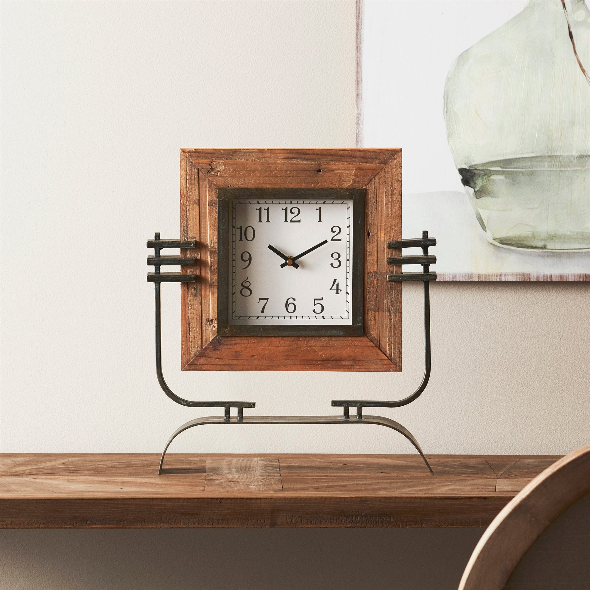 Wood Square Clock on Rustic Metal Stand 17.5"H alternate view 2