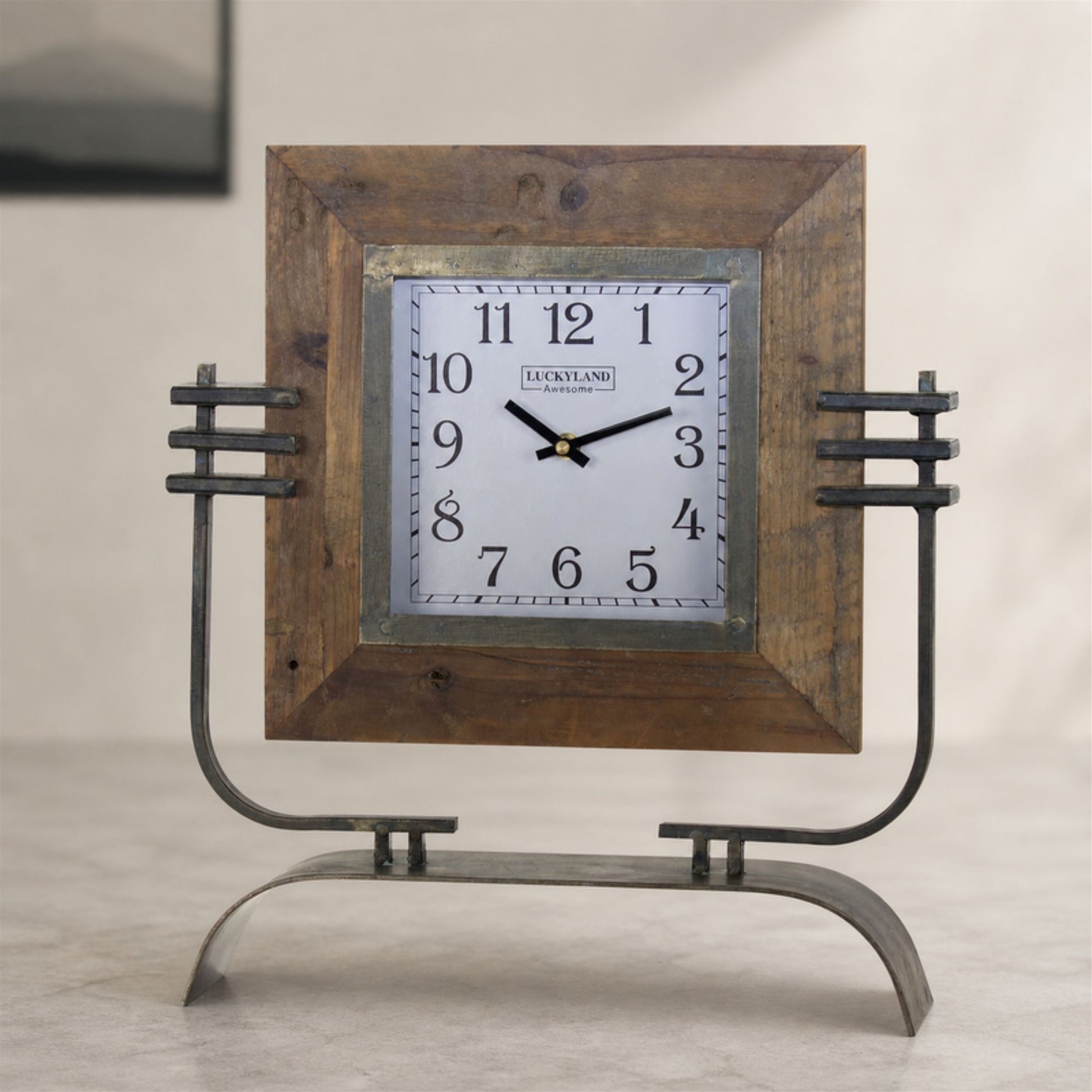 Wood Square Clock on Rustic Metal Stand 17.5"H alternate view 3