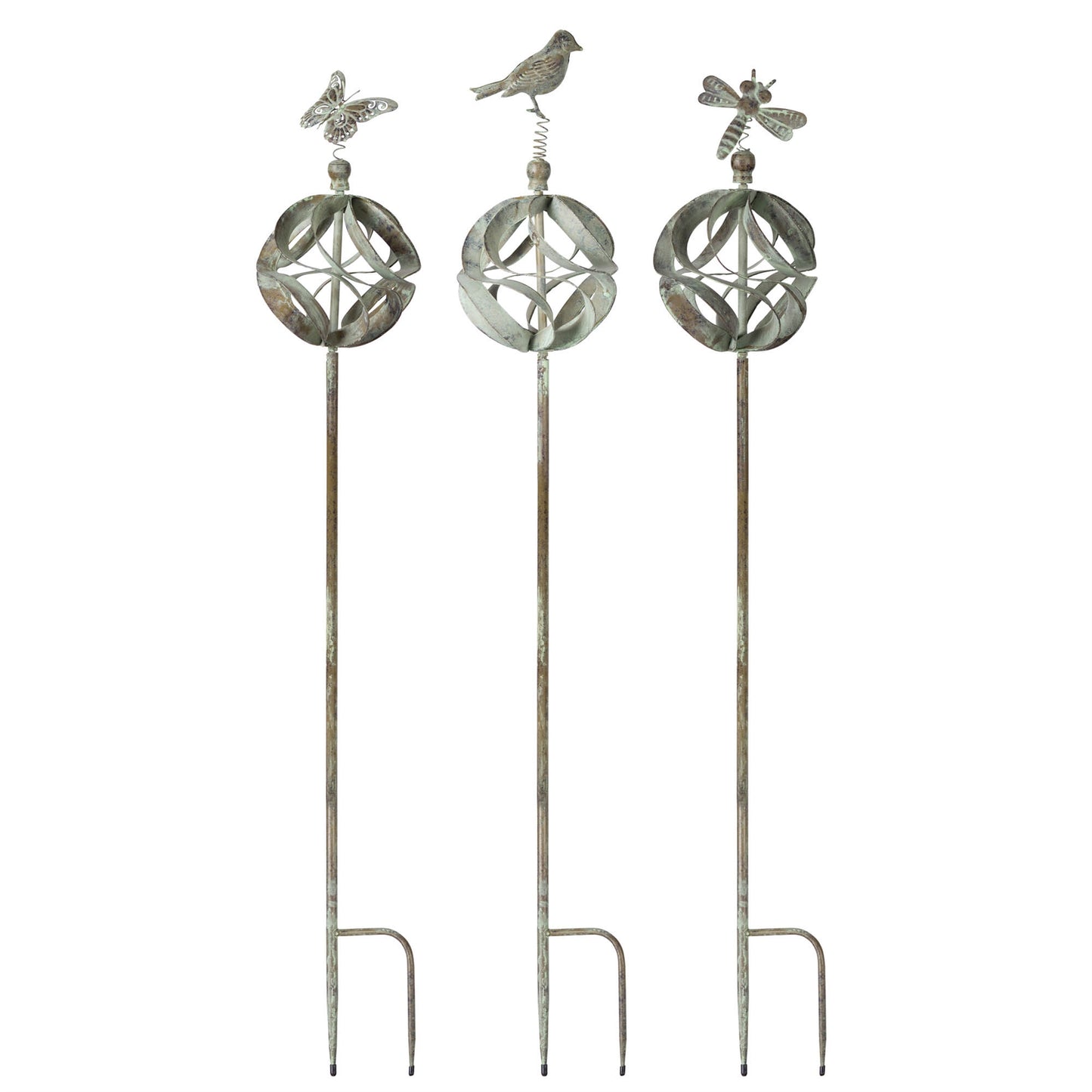 Ornamental Metal Garden Stake with Bird and Insect Accents (Set of 3)