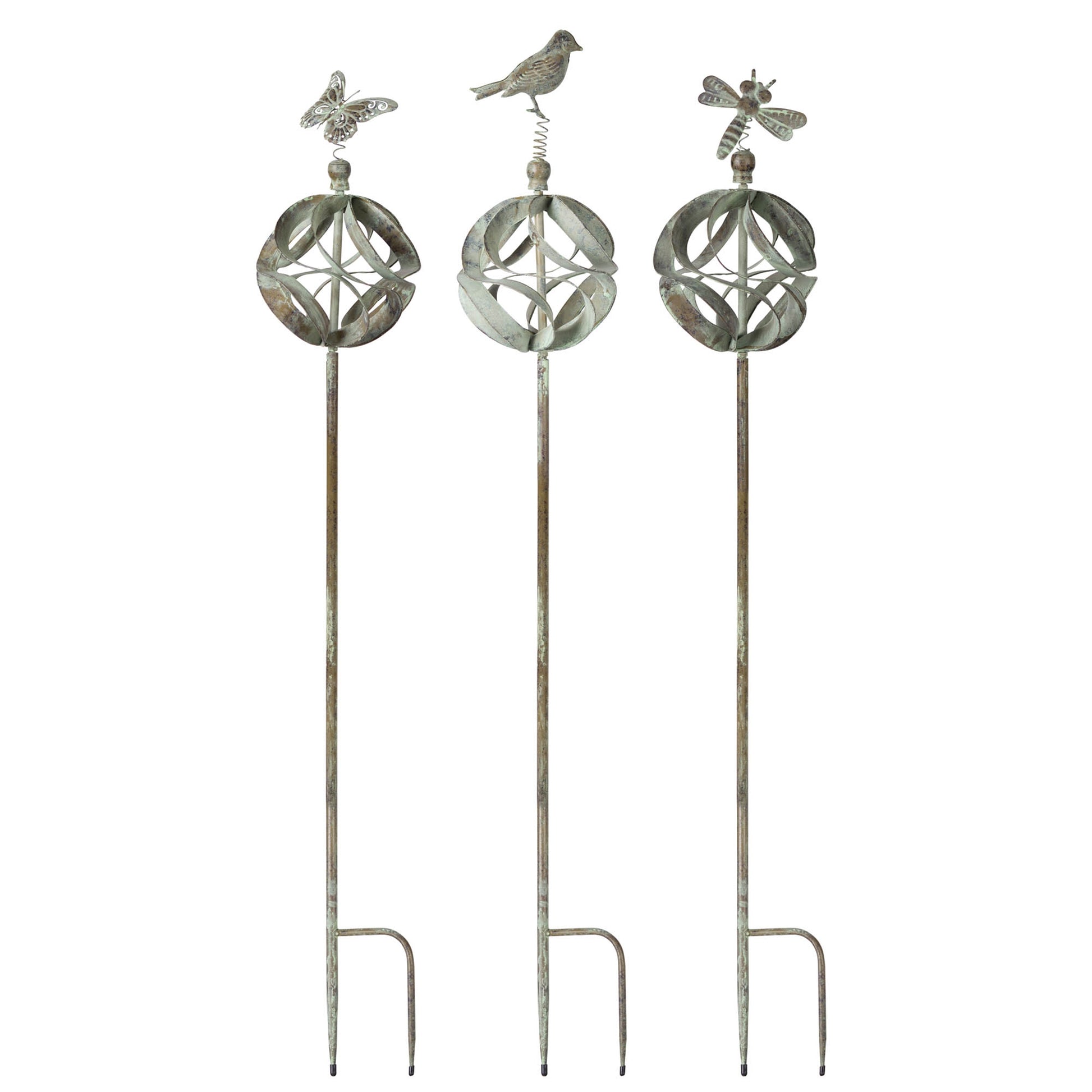 Ornamental Metal Garden Stake with Bird and Insect Accents (Set of 3)