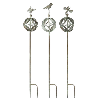 Ornamental Metal Garden Stake with Bird and Insect Accents (Set of 3)