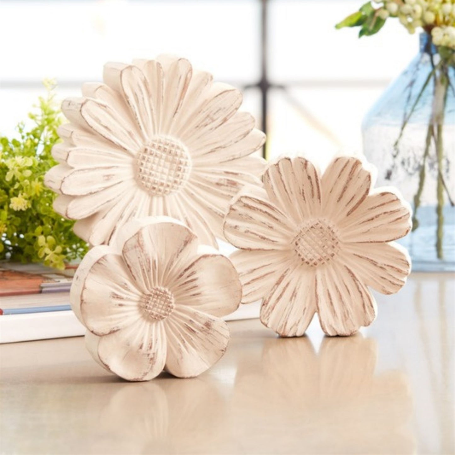 White Washed Stone Flower Decor (Set of 3) alternate view 2