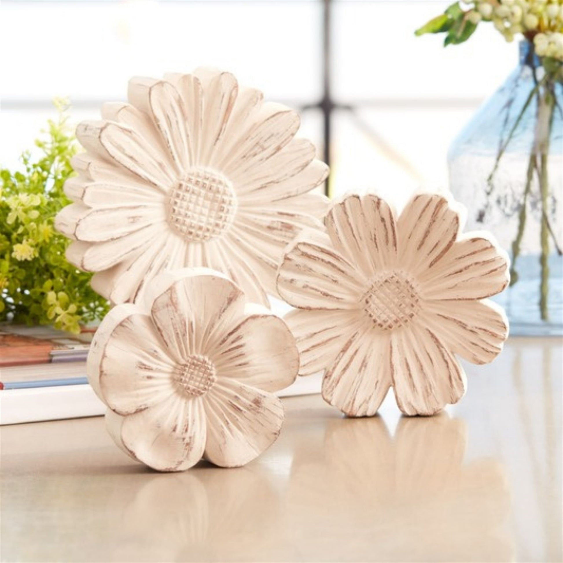 White Washed Stone Flower Decor (Set of 3) alternate view 2