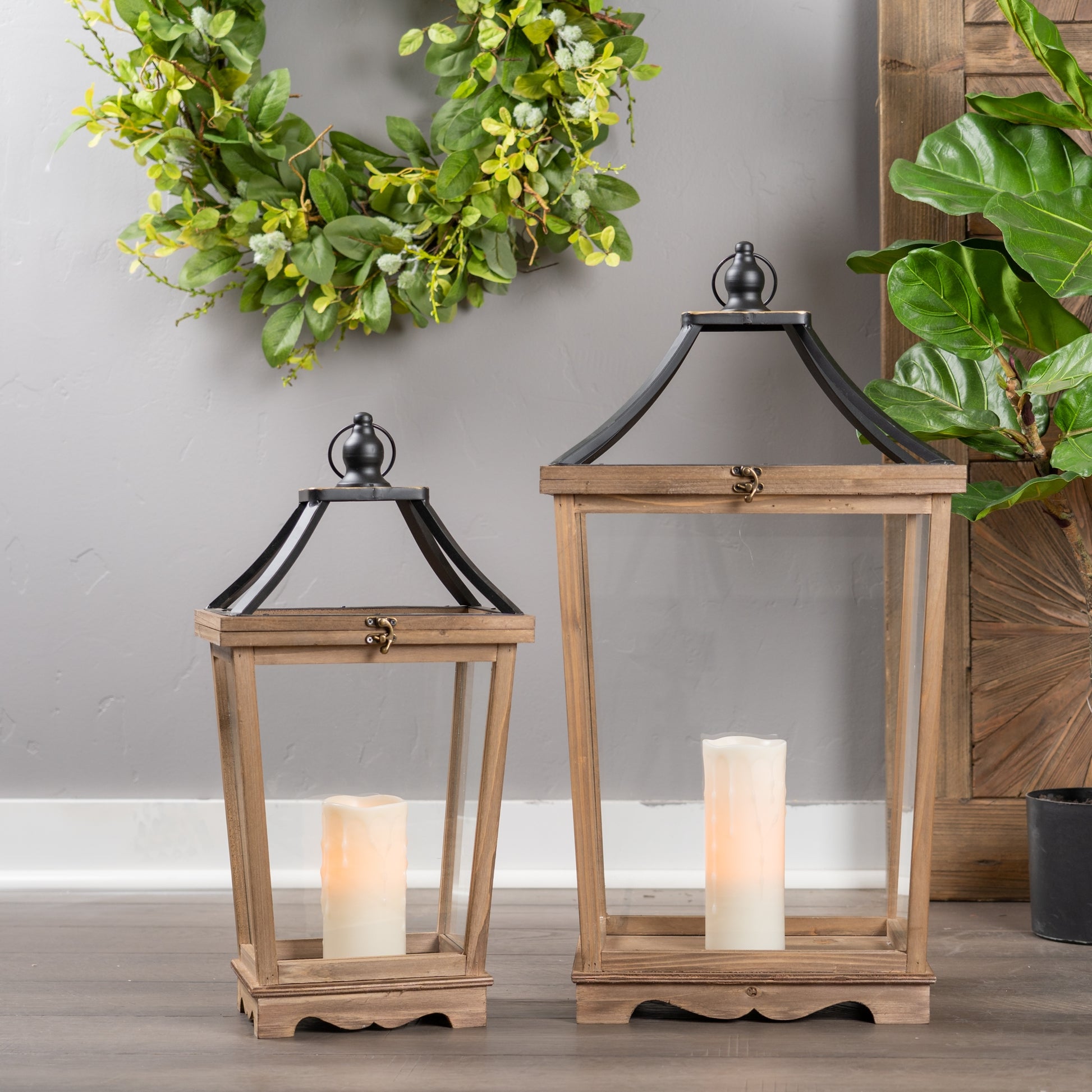 Natural Wooden Lantern with Open Top (Set of 2) alternate view 2