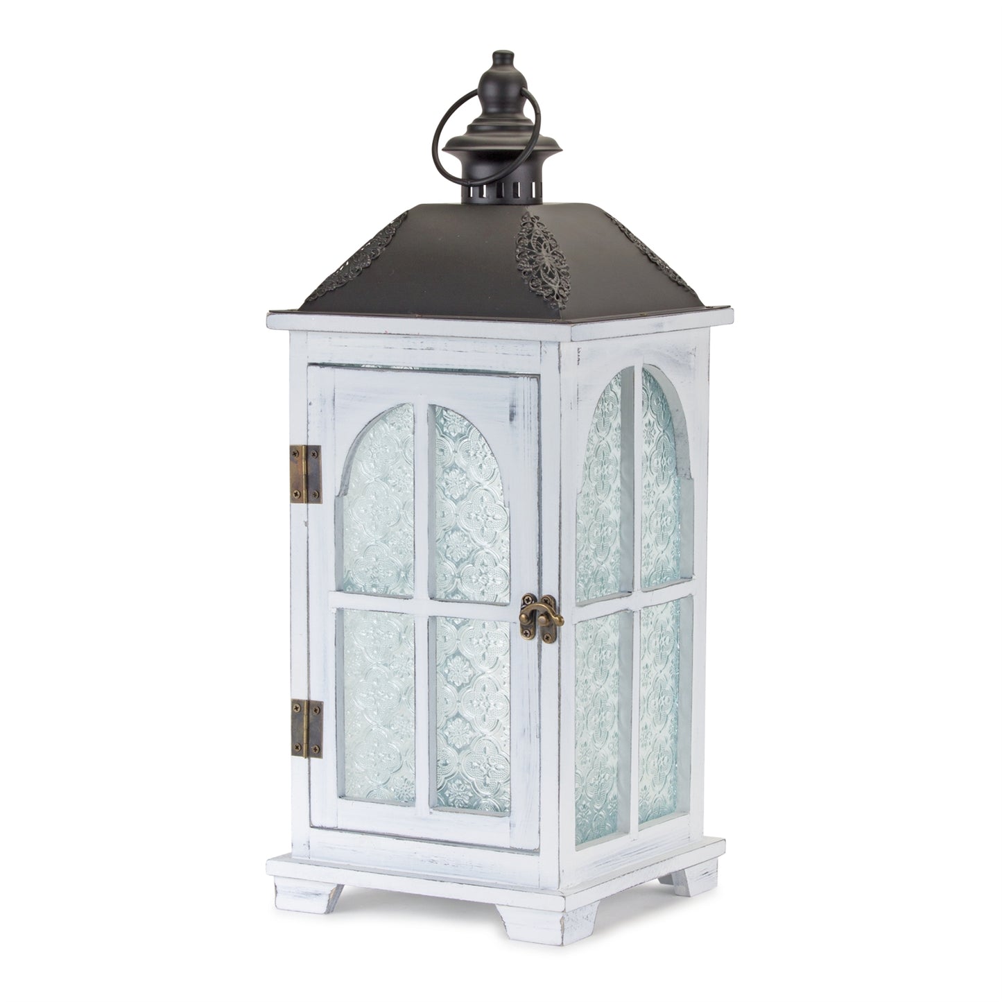 White Wood Lantern with Ornate Frosted Glass (Set of 2) alternate view 2
