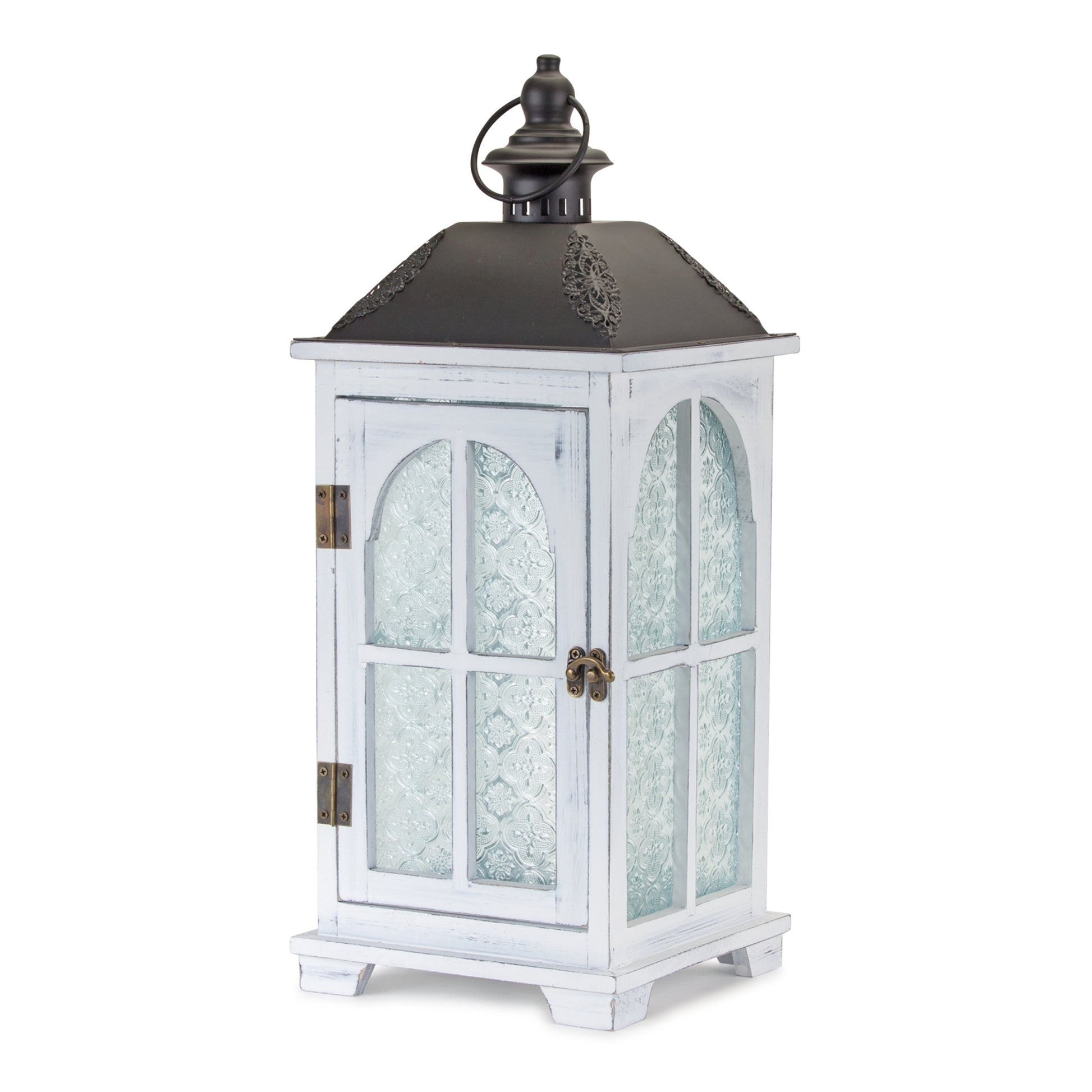 White Wood Lantern with Ornate Frosted Glass (Set of 2) alternate view 2