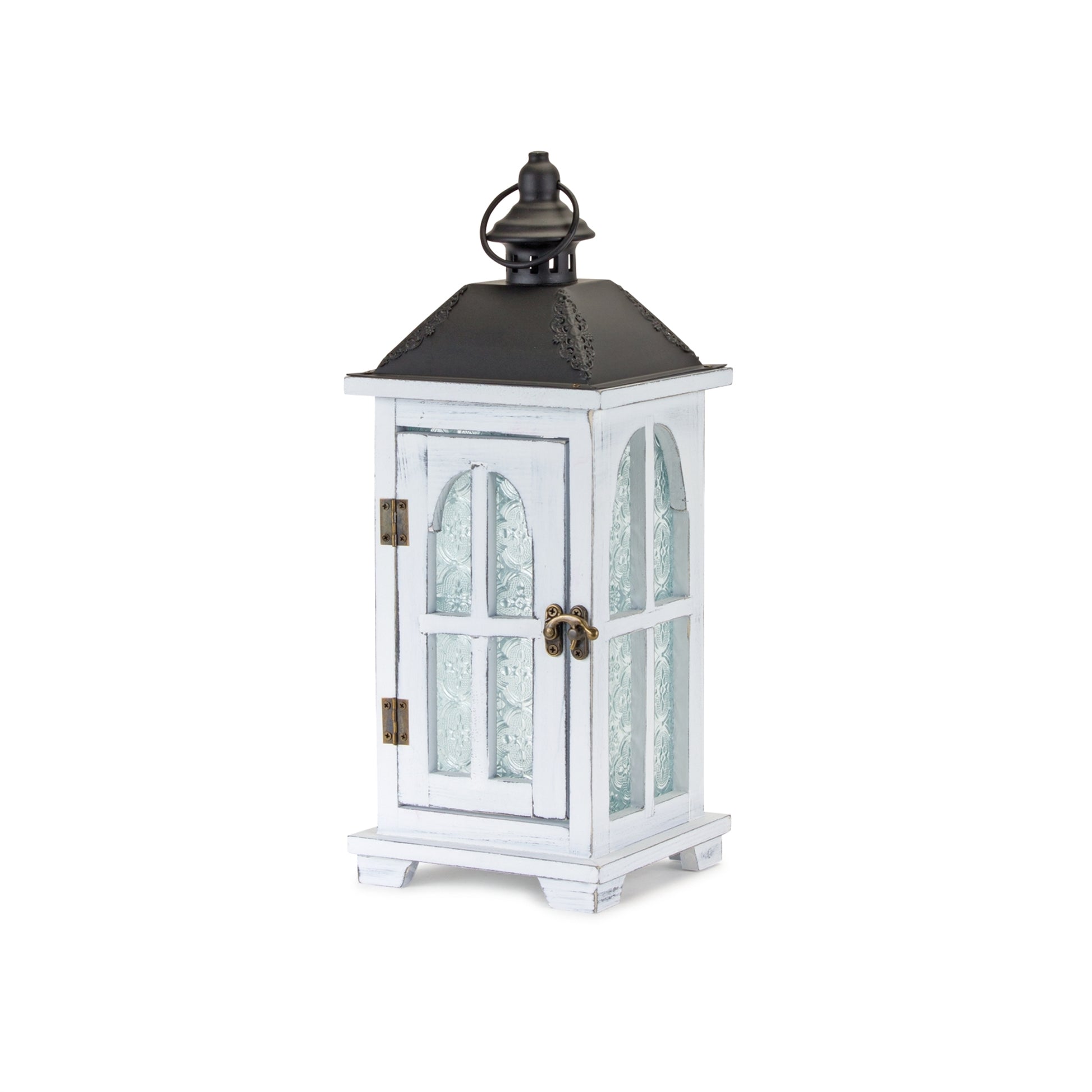 White Wood Lantern with Ornate Frosted Glass (Set of 2) alternate view 3