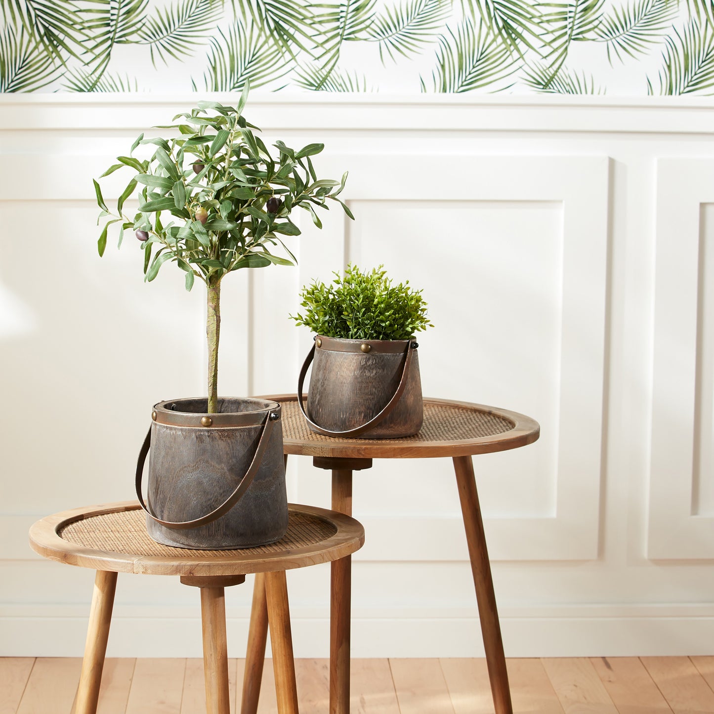 Natural Wooden Pail Planter with Metal Handle Accent (Set of 2) alternate view 2