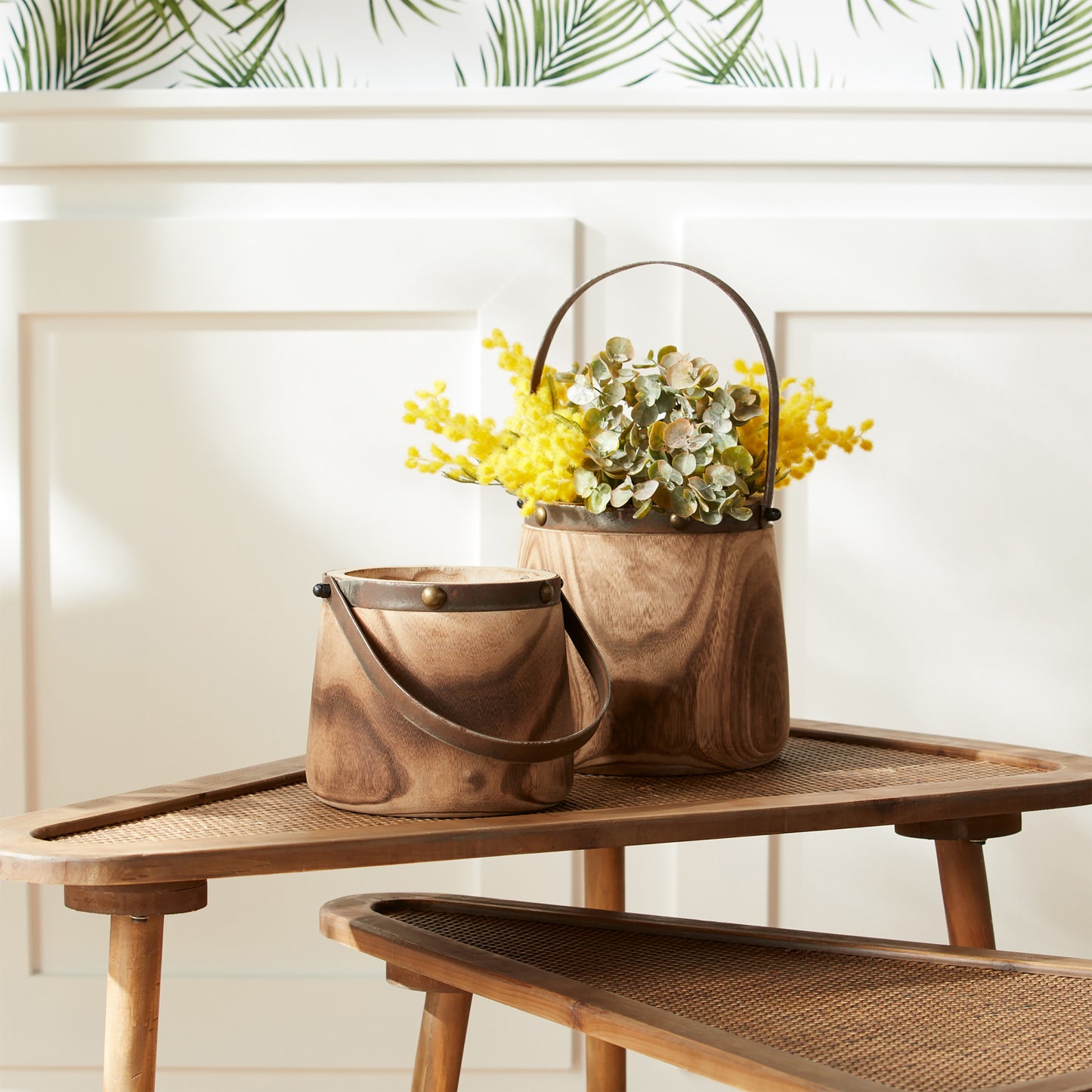 Natural Wooden Pail Planter with Metal Handle Accent (Set of 2) alternate view 2