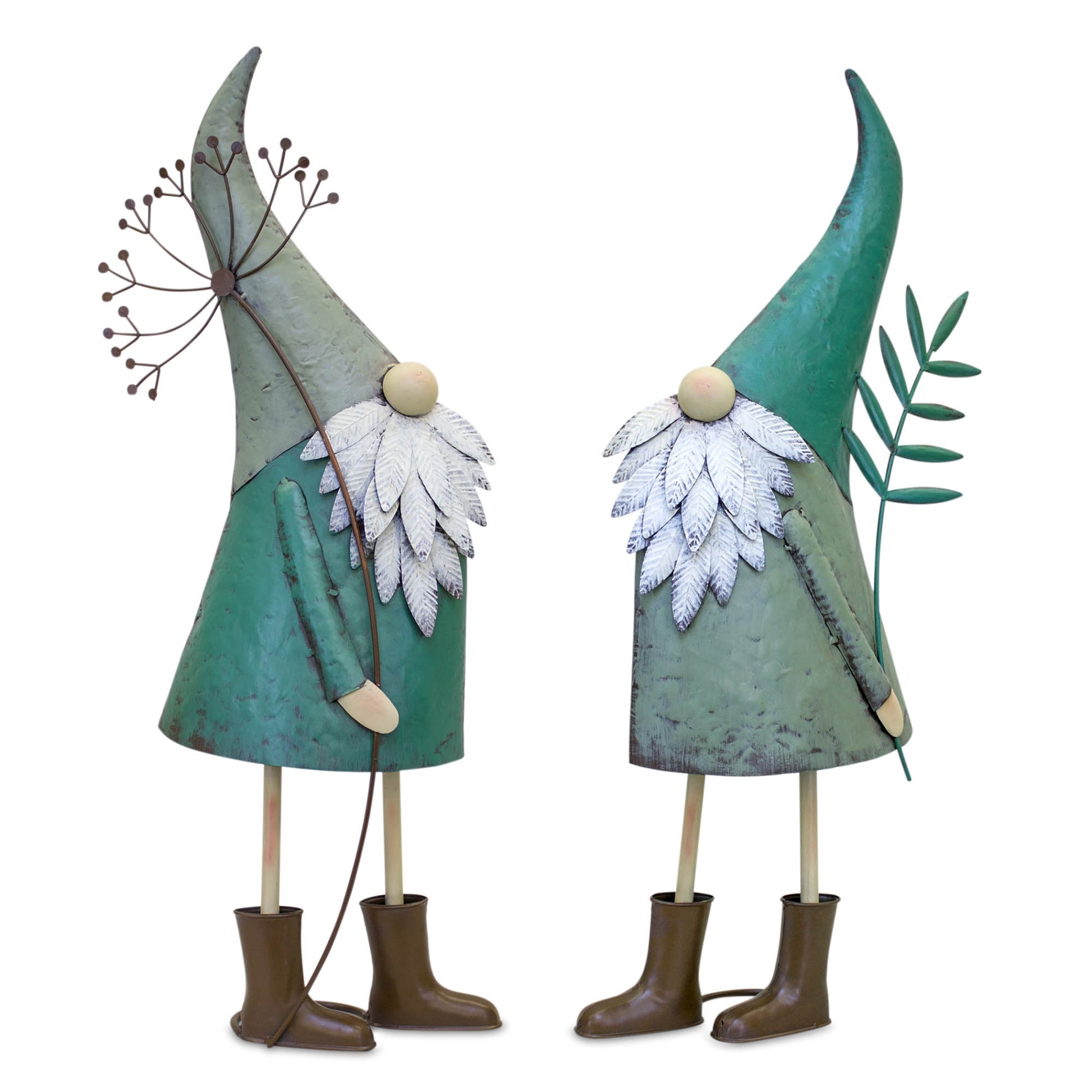 Iron Metal Standing Garden Gnome with Flower (Set of 2)