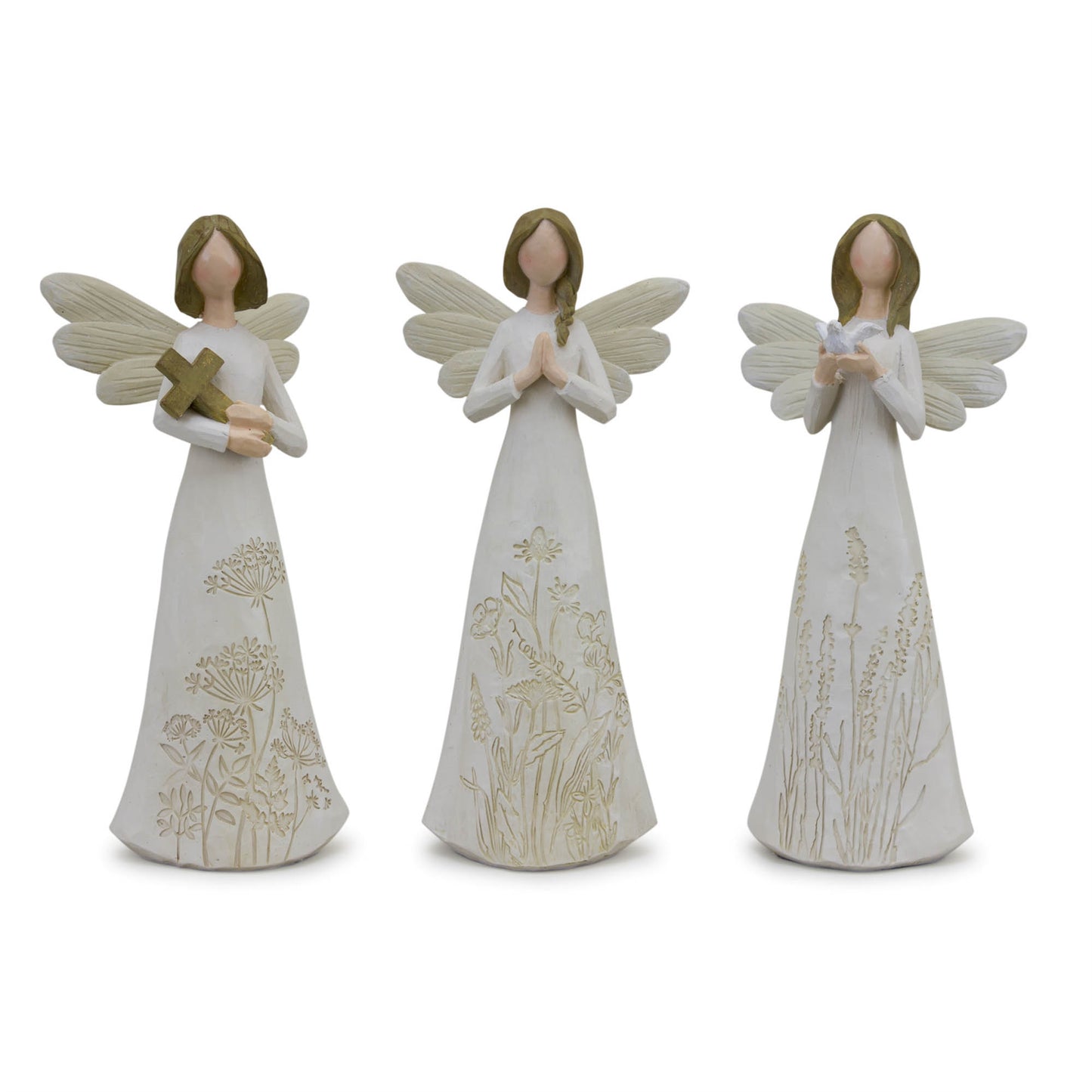 Beige Floral Etched Angel Figurine (Set of 3)