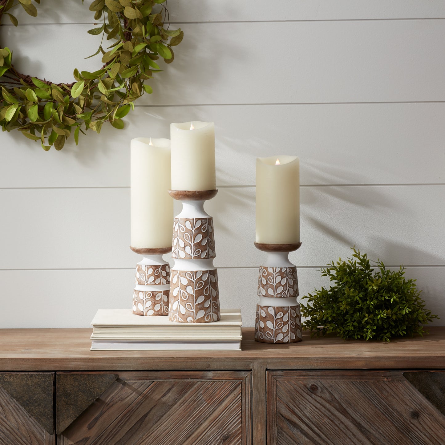 Leaf Pattern Candle Holder with Wood Design (Set of 3) alternate view 2