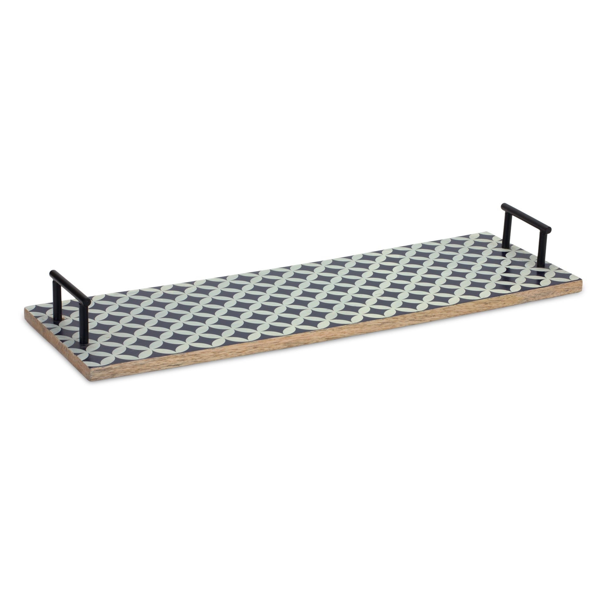 Mango Wood Tray with Geometric Design and Metal Handle Accents (Set of 2) alternate view 2