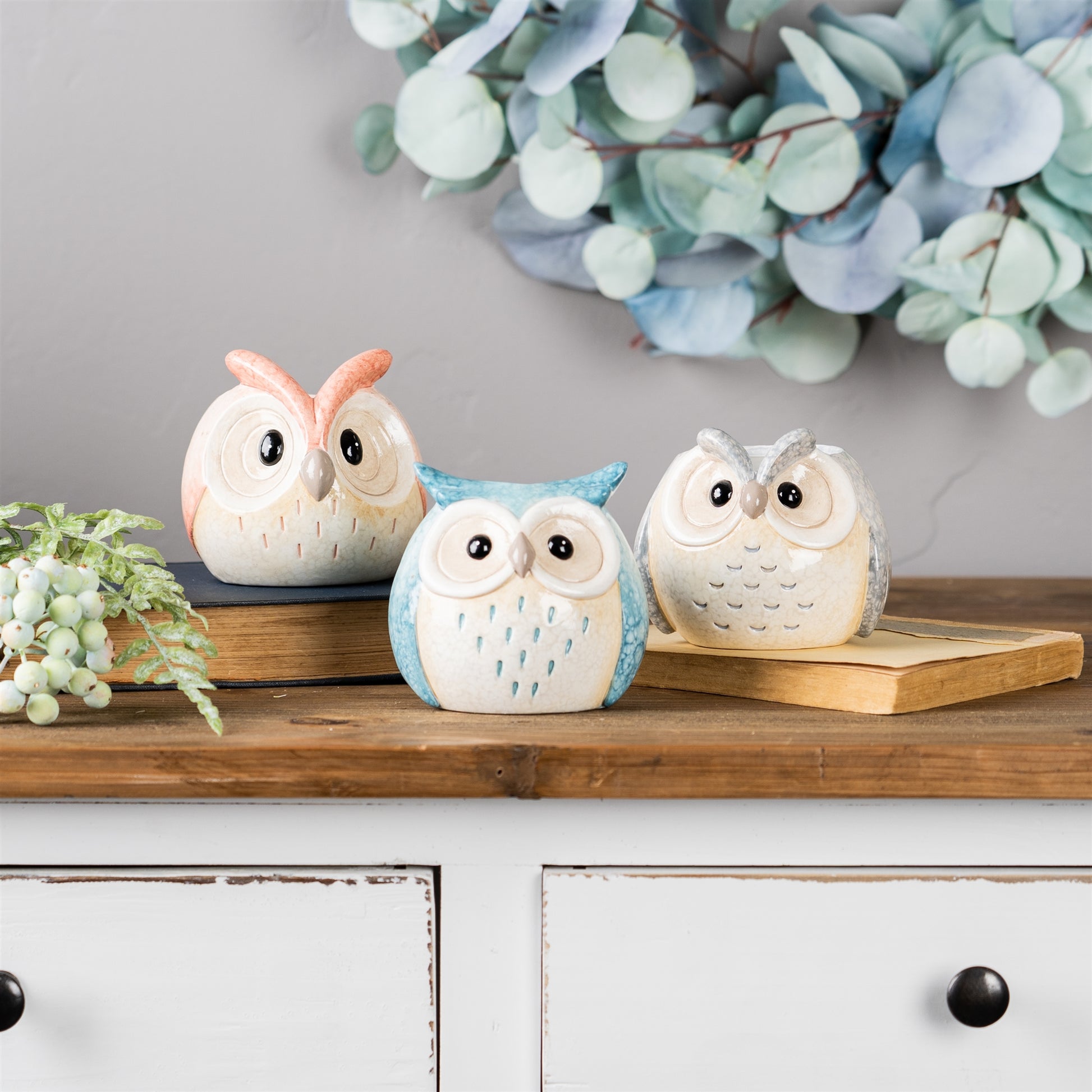 Whimsical Pastel Terra Cotta Owl Figurine (Set of 3) alternate view 2