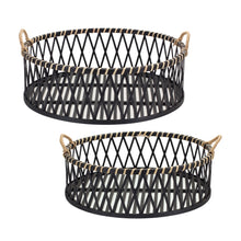Round Woven Bamboo Trays with Rattan Handle Accent (Set of 2)