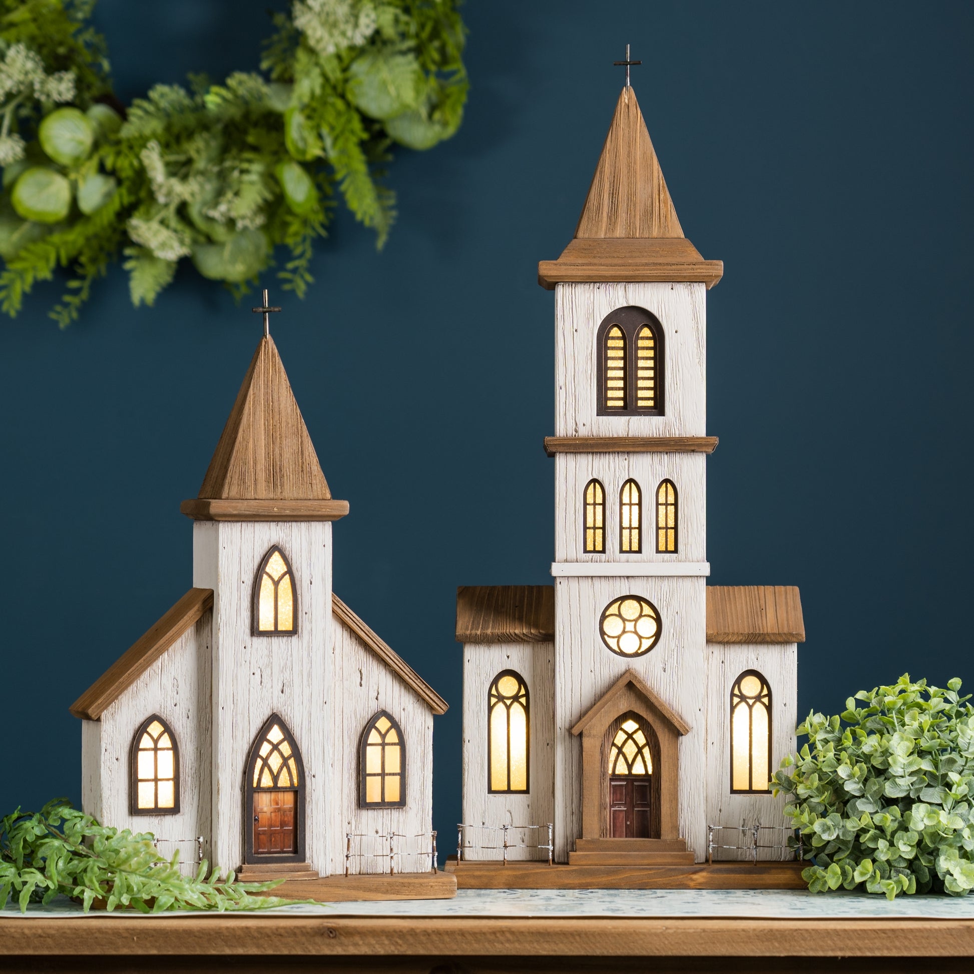 Lighted Natural Wooden Church Display with Rustic Metal Accents 25.25"H alternate view 2
