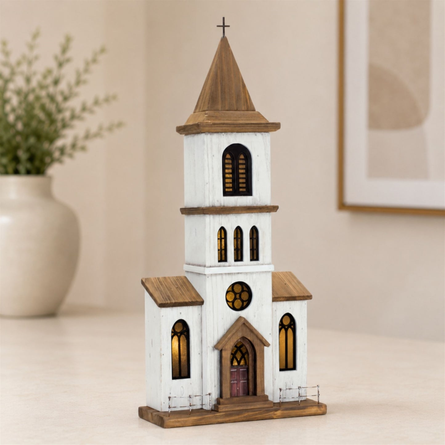 Lighted Natural Wooden Church Display with Rustic Metal Accents 25.25"H alternate view 3