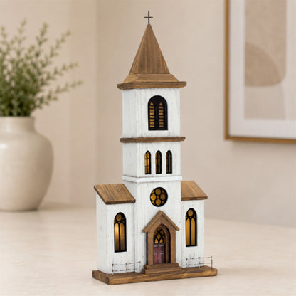 Lighted Natural Wooden Church Display with Rustic Metal Accents 25.25"H alternate view 3