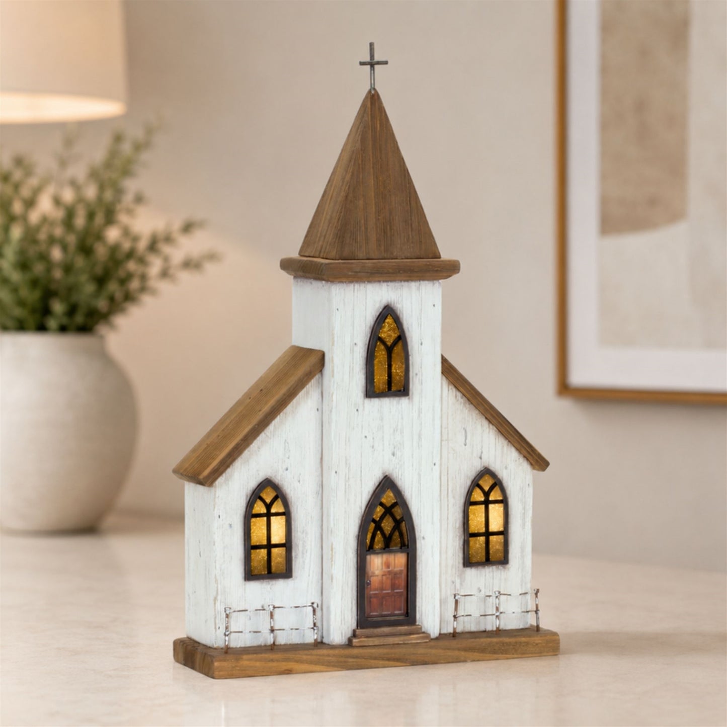 Lighted Natural Wooden Church Display with Rustic Metal Accents 17.5"H alternate view 3