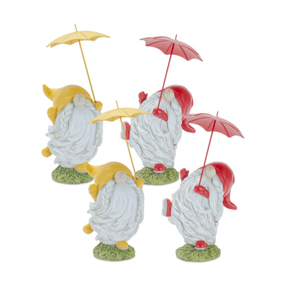 Whimsical Dancing Garden Gnome Figurine with Umbrella (Set of 4)