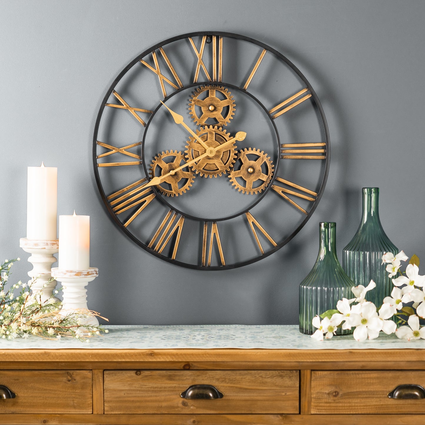 Industrial Iron Gears Wall Clock with Roman Numerals 23.75"D alternate view 2