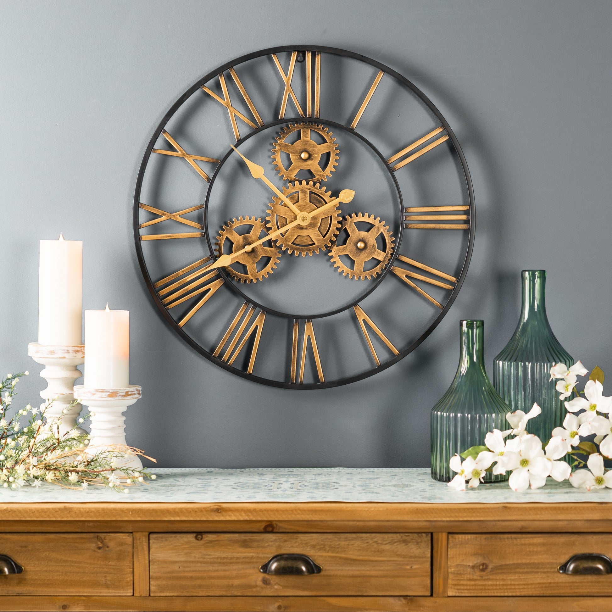 Industrial Iron Gears Wall Clock with Roman Numerals 23.75"D alternate view 2