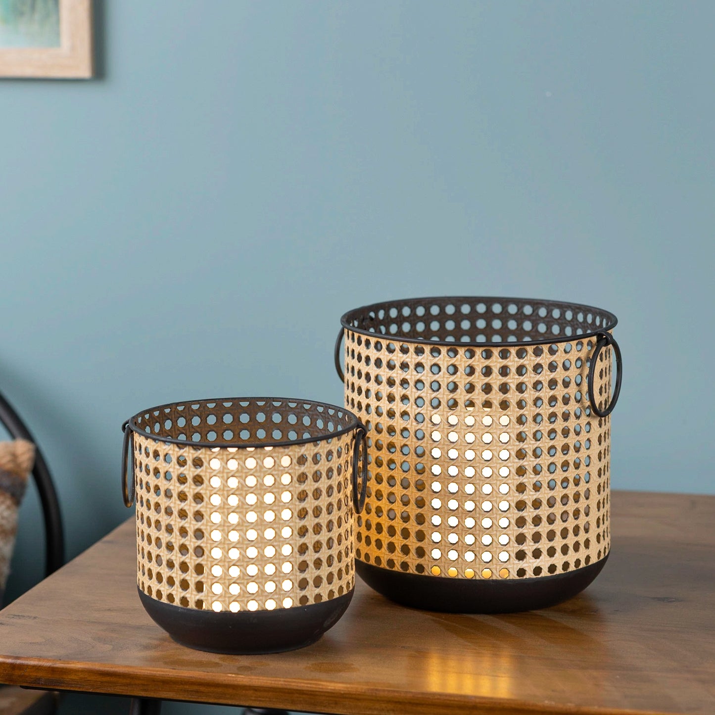 Punched Metal Candle Holder with Rattan Design (Set of 2) alternate view 2