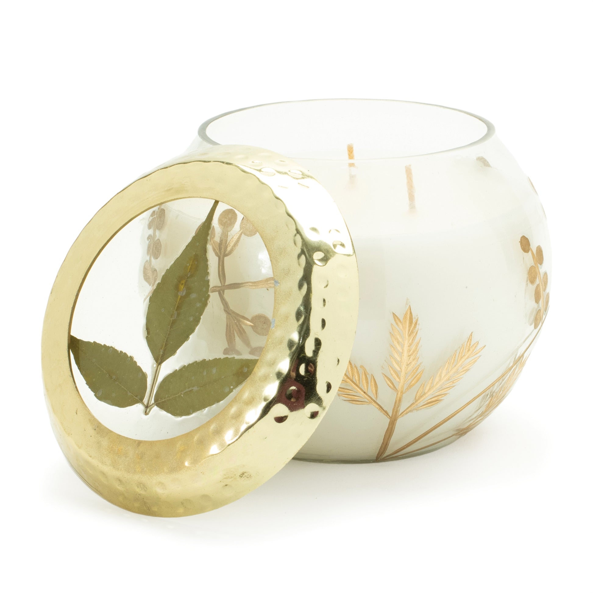 Frosted Juniper Scented Soy Candle with Pressed Leaf Lid 5"D alternate view 3