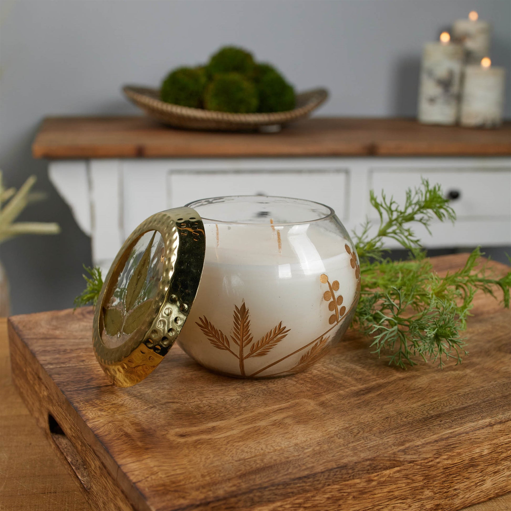 Frosted Juniper Scented Soy Candle with Pressed Leaf Lid 5"D alternate view 2