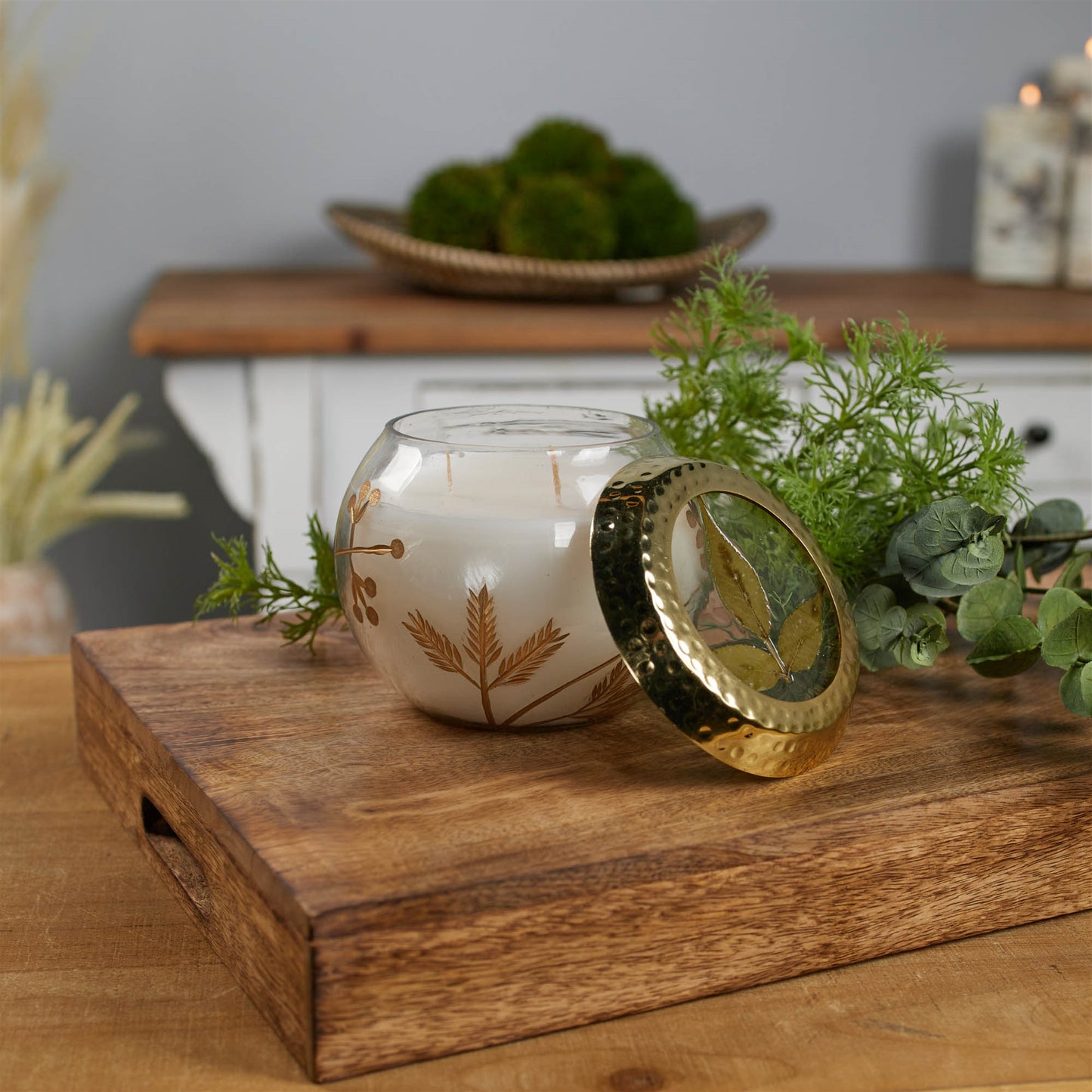 Frosted Juniper Scented Soy Candle with Pressed Leaf Lid 5"D alternate view 4