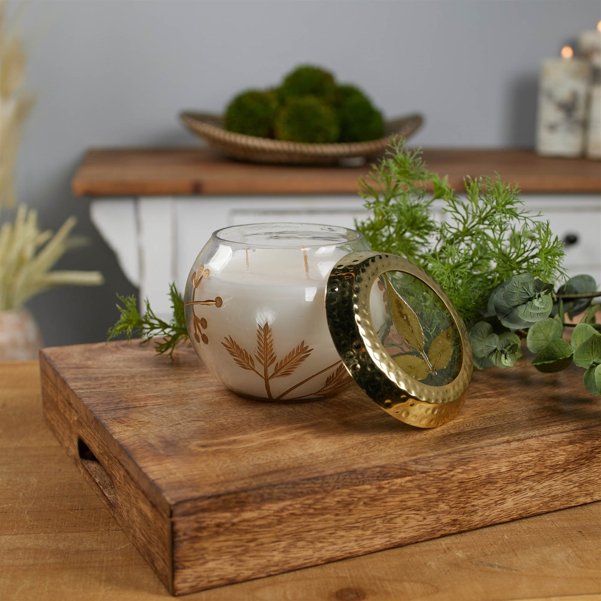 Frosted Juniper Scented Soy Candle with Pressed Leaf Lid 5"D alternate view 4