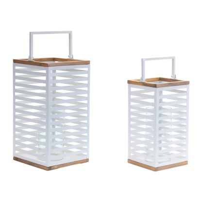Metal Box Lantern with Natural Wood Accents (Set of 2)