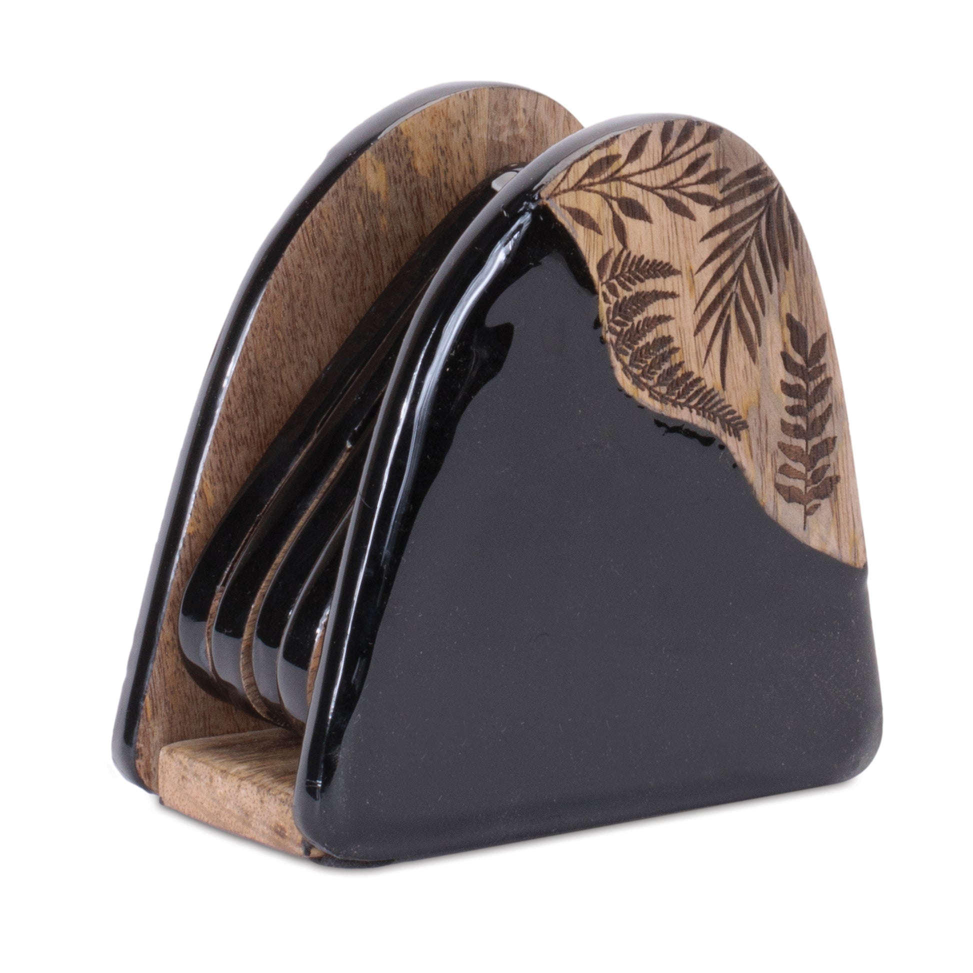 Floral Etched Wood Coaster with Holder (Set of 5)