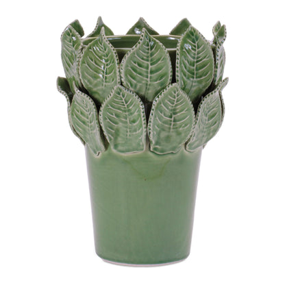 Stoneware Vase with Leaves Accent 7.5"H